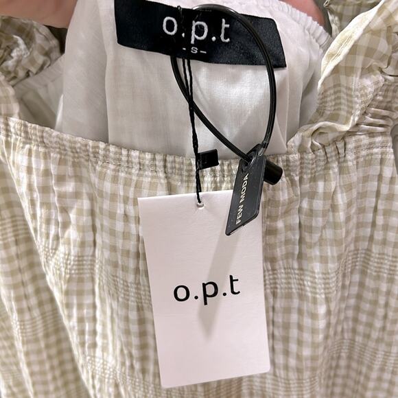 NWT $169 O.P.T. seersucker plaid DRESS beige white S - Picture 3 of 10